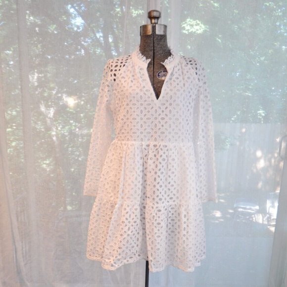 tiered popover dress in embroidered eyelet J.CREW NWT EYELET TIERED EMBROIDERED POPOVER DRESS - WHITE